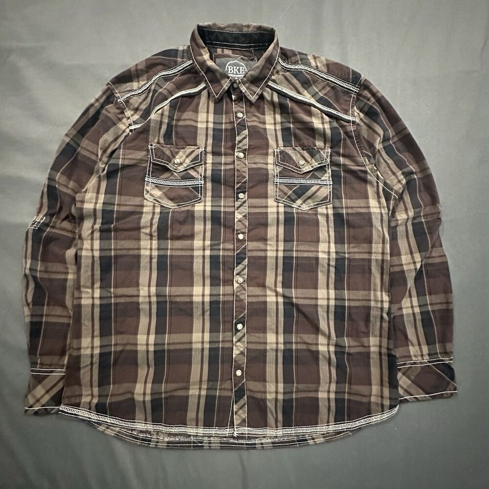 BKE Pearl Snap Shirt Mens XL Roll-Tab Sleeves Brown Plaid Athletic Fit Western